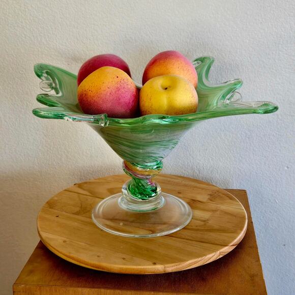 Handblown Murano Art Glass Pedestal Bowl – Green White & Pink